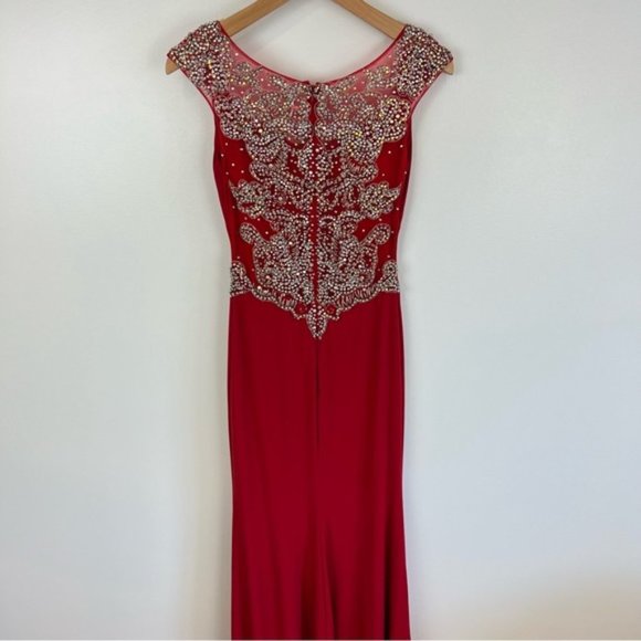 STUNNING Red Alyce Paris Formal Bedazzled Maxi Prom Dress sheer back size 00 - Picture 3 of 16